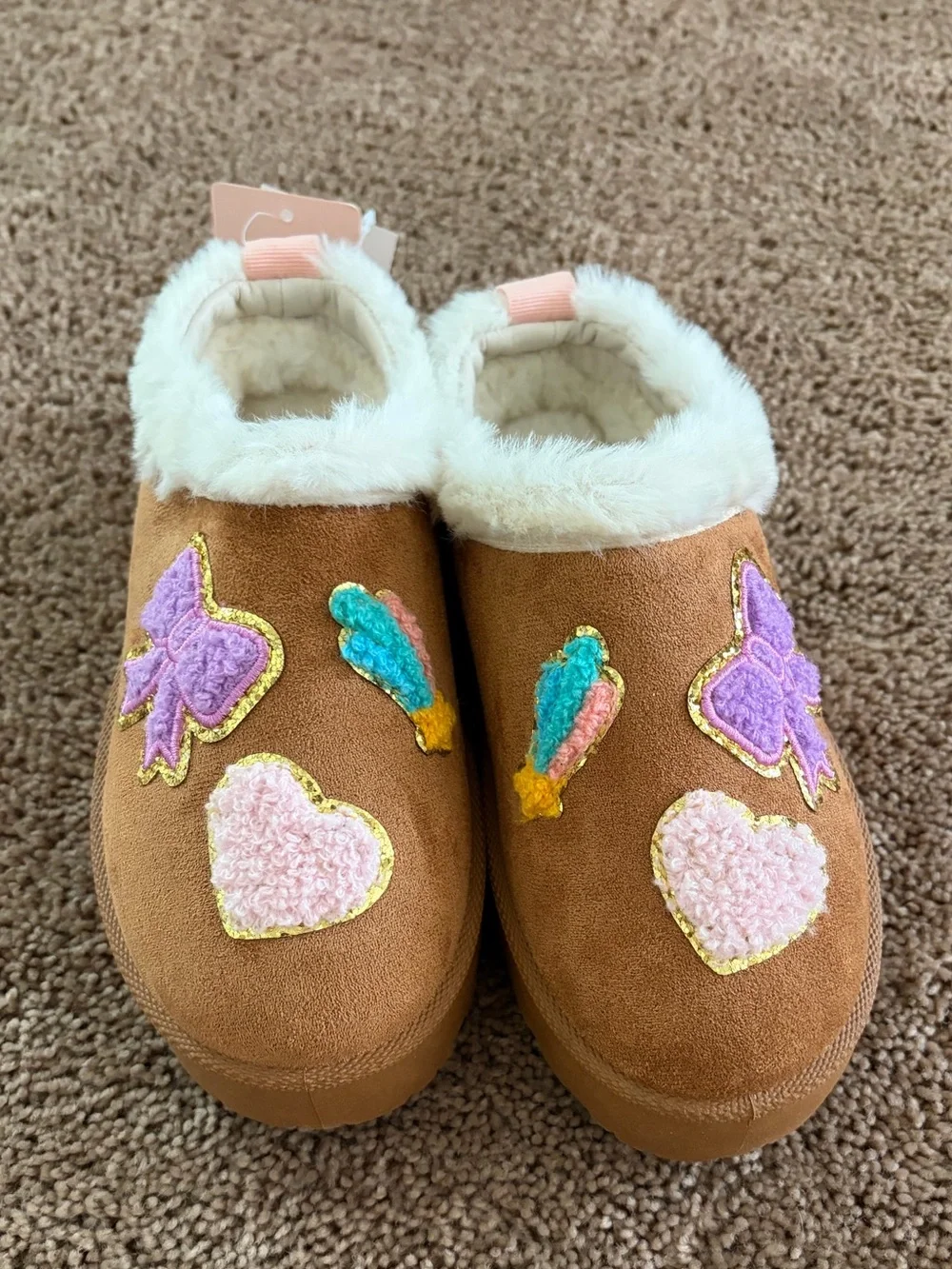 Olivia & Kate Chestnut Faux Fur Lined Slip-On Slippers with Pastel Embroidery